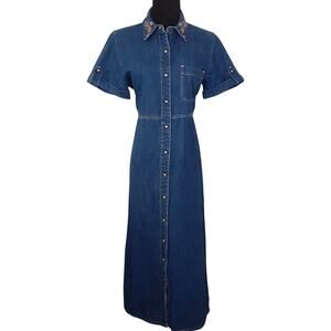Vintage 90s Denim Maxi Dress Embroidered Collar Western Rodeo Womens M Prairie